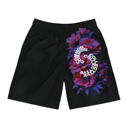 Blossom | Men's Black Moisture-Wicking Athletic Shorts, Purple Rose Graphic Jogger Shorts