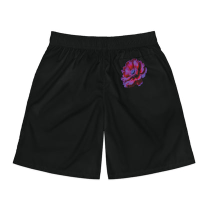 Blossom | Men's Black Moisture-Wicking Athletic Shorts, Purple Rose Graphic Jogger Shorts